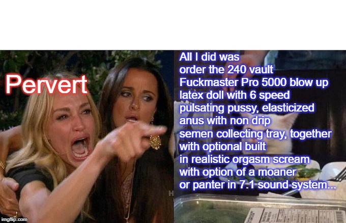 Woman Yelling At Cat Meme | All I did was order the 240 vault Fuckmaster Pro 5000 blow up latex doll with 6 speed pulsating pussy, elasticized anus with non drip semen collecting tray, together with optional built in realistic orgasm scream with option of a moaner or panter in 7.1 sound system... Pervert | image tagged in memes,woman yelling at cat | made w/ Imgflip meme maker