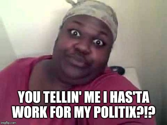 Black woman | YOU TELLIN' ME I HAS'TA WORK FOR MY POLITIX?!? | image tagged in black woman | made w/ Imgflip meme maker