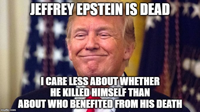 Who benefited from Epstein's death? | JEFFREY EPSTEIN IS DEAD; I CARE LESS ABOUT WHETHER HE KILLED HIMSELF THAN ABOUT WHO BENEFITED FROM HIS DEATH | image tagged in smug trump,memes,trump,jeffrey epstein,epstein | made w/ Imgflip meme maker