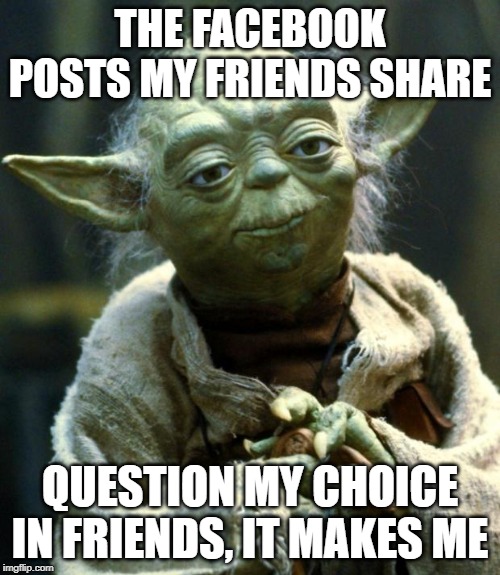 Star Wars Yoda | THE FACEBOOK POSTS MY FRIENDS SHARE; QUESTION MY CHOICE IN FRIENDS, IT MAKES ME | image tagged in memes,star wars yoda | made w/ Imgflip meme maker