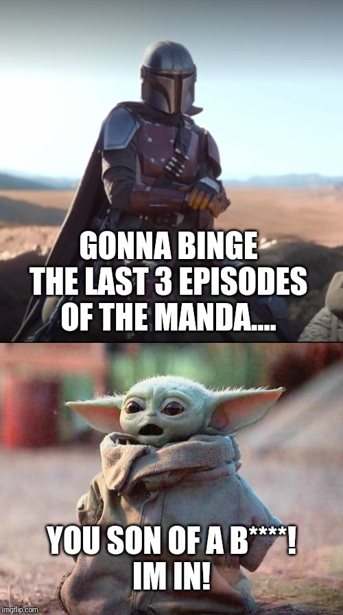 GONNA BINGE THE LAST 3 EPISODES OF THE MANDA.... YOU SON OF A B****! 
IM IN! | image tagged in surprised baby yoda | made w/ Imgflip meme maker
