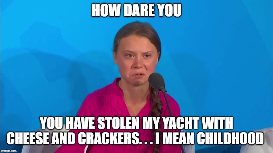 "How dare you?" - Greta Thunberg | HOW DARE YOU; YOU HAVE STOLEN MY YACHT WITH CHEESE AND CRACKERS. . . I MEAN CHILDHOOD | image tagged in how dare you - greta thunberg | made w/ Imgflip meme maker