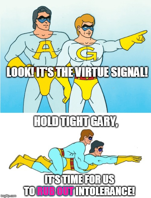 LOOK! IT'S THE VIRTUE SIGNAL! IT'S TIME FOR US TO RUB OUT INTOLERANCE! HOLD TIGHT GARY, RUB OUT | image tagged in ambiguously gay duo | made w/ Imgflip meme maker