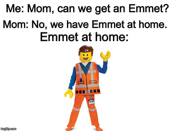 Lego Movie Rules! | Me: Mom, can we get an Emmet? Mom: No, we have Emmet at home. Emmet at home: | image tagged in we have some at home,mom can we have | made w/ Imgflip meme maker