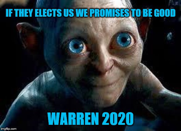 Gollum | IF THEY ELECTS US WE PROMISES TO BE GOOD; WARREN 2020 | image tagged in gollum | made w/ Imgflip meme maker
