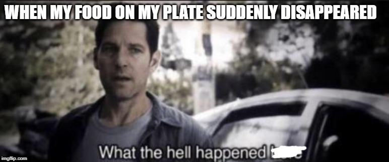 What the hell happened here | WHEN MY FOOD ON MY PLATE SUDDENLY DISAPPEARED | image tagged in what the hell happened here | made w/ Imgflip meme maker