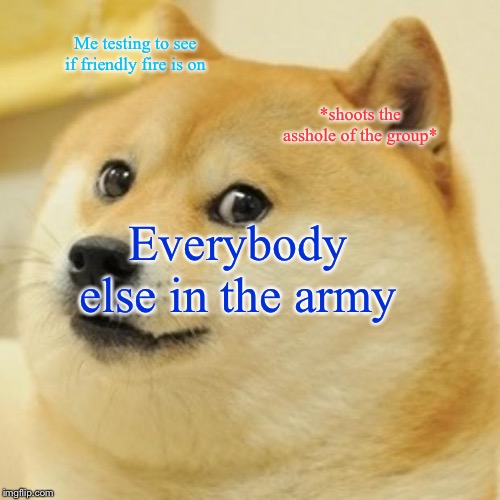 Doge Meme | Me testing to see if friendly fire is on; *shoots the asshole of the group*; Everybody else in the army | image tagged in memes,doge | made w/ Imgflip meme maker