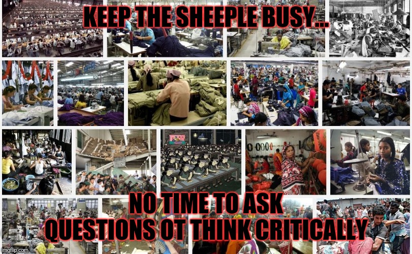 Globalist owned sweatshop | KEEP THE SHEEPLE BUSY... NO TIME TO ASK QUESTIONS OT THINK CRITICALLY | image tagged in globalist owned sweatshop | made w/ Imgflip meme maker