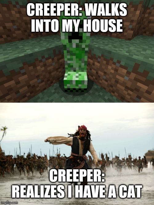 CREEPER: WALKS INTO MY HOUSE; CREEPER: REALIZES I HAVE A CAT | image tagged in captain jack sparrow running,creeper aww man | made w/ Imgflip meme maker