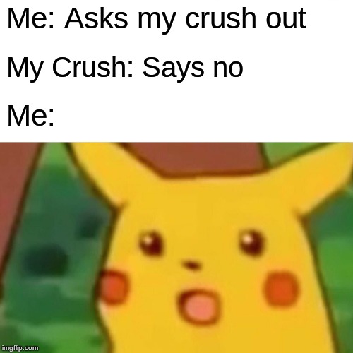 Surprised Pikachu Meme | Me: Asks my crush out; My Crush: Says no; Me: | image tagged in memes,surprised pikachu | made w/ Imgflip meme maker