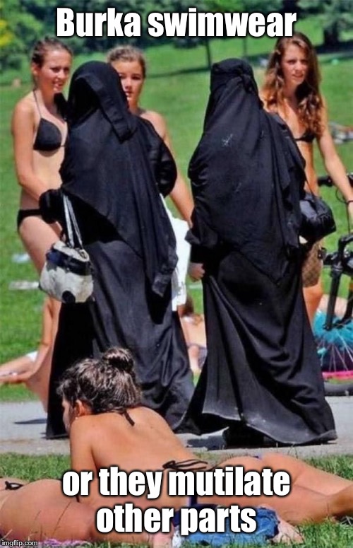 Burka bikini | Burka swimwear or they mutilate other parts | image tagged in burka bikini | made w/ Imgflip meme maker