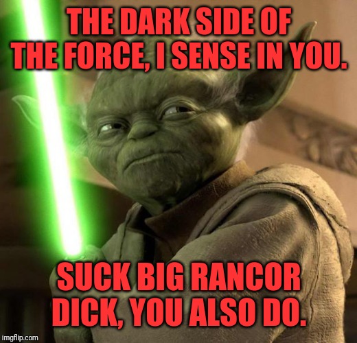 Angry Yoda | THE DARK SIDE OF THE FORCE, I SENSE IN YOU. SUCK BIG RANCOR DICK, YOU ALSO DO. | image tagged in angry yoda | made w/ Imgflip meme maker