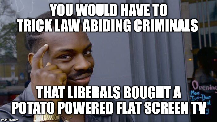 Roll Safe Think About It Meme | YOU WOULD HAVE TO TRICK LAW ABIDING CRIMINALS THAT LIBERALS BOUGHT A POTATO POWERED FLAT SCREEN TV | image tagged in memes,roll safe think about it | made w/ Imgflip meme maker