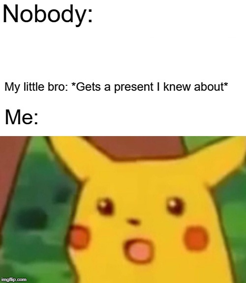 Surprised Pikachu | Nobody:; My little bro: *Gets a present I knew about*; Me: | image tagged in memes,surprised pikachu | made w/ Imgflip meme maker