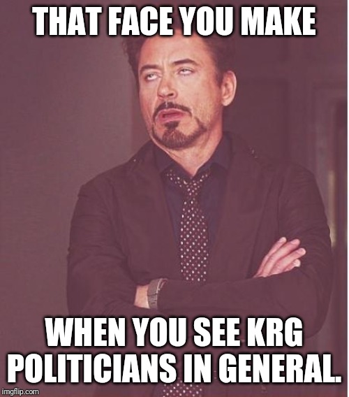 Face You Make Robert Downey Jr | THAT FACE YOU MAKE; WHEN YOU SEE KRG POLITICIANS IN GENERAL. | image tagged in memes,face you make robert downey jr,kurdistan,iraqi kurdistan,krg | made w/ Imgflip meme maker