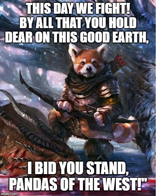 THIS DAY WE FIGHT! BY ALL THAT YOU HOLD DEAR ON THIS GOOD EARTH, I BID YOU STAND, PANDAS OF THE WEST!" | made w/ Imgflip meme maker