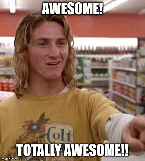 Awesome! | AWESOME! TOTALLY AWESOME!! | image tagged in sean penn,jeff spicoli,fast times at ridgemont high,awesome,totally awesome | made w/ Imgflip meme maker