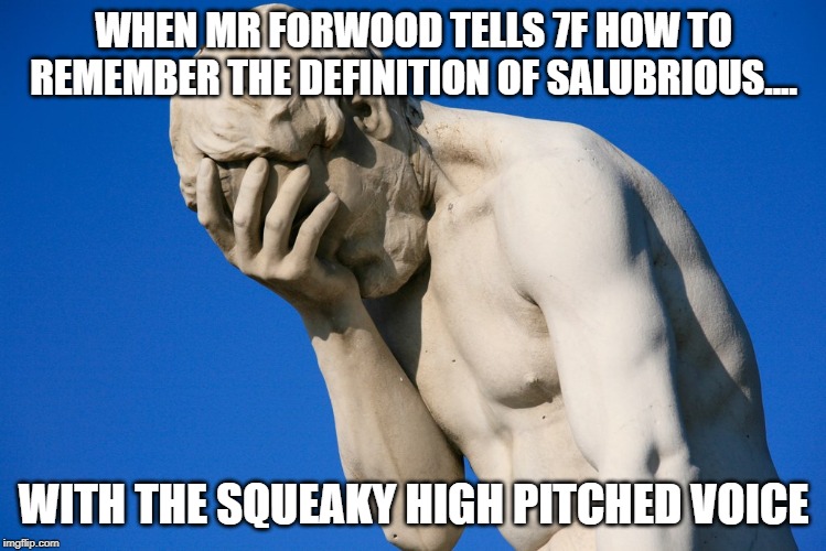 Embarrassed statue  | WHEN MR FORWOOD TELLS 7F HOW TO REMEMBER THE DEFINITION OF SALUBRIOUS.... WITH THE SQUEAKY HIGH PITCHED VOICE | image tagged in embarrassed statue | made w/ Imgflip meme maker