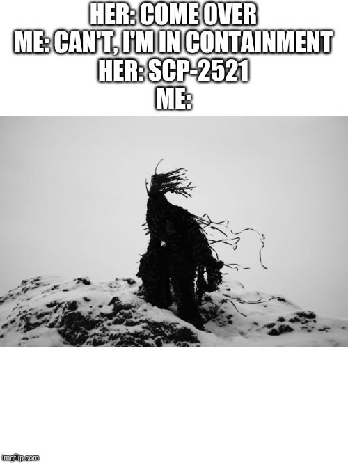Scp 2521 | HER: COME OVER

ME: CAN'T, I'M IN CONTAINMENT

HER: SCP-2521

ME: | image tagged in scp 2521 | made w/ Imgflip meme maker