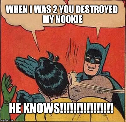 Batman Slapping Robin Meme | WHEN I WAS 2 YOU DESTROYED 
MY NOOKIE; HE KNOWS!!!!!!!!!!!!!!!! | image tagged in memes,batman slapping robin | made w/ Imgflip meme maker