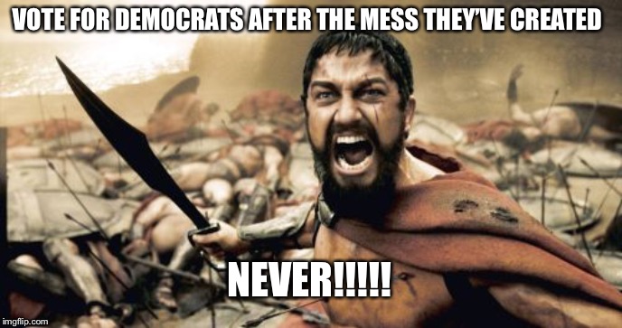 Sparta Leonidas | VOTE FOR DEMOCRATS AFTER THE MESS THEY’VE CREATED; NEVER!!!!! | image tagged in memes,sparta leonidas | made w/ Imgflip meme maker
