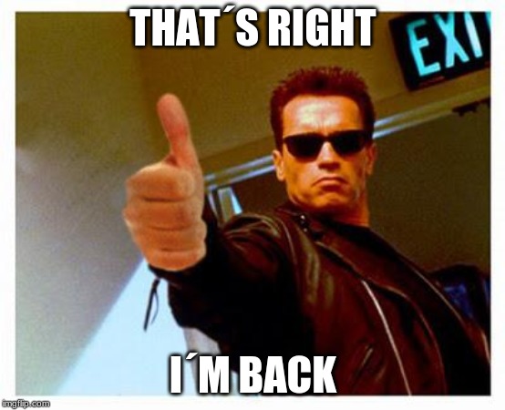 terminator thumbs up | THAT´S RIGHT I´M BACK | image tagged in terminator thumbs up | made w/ Imgflip meme maker
