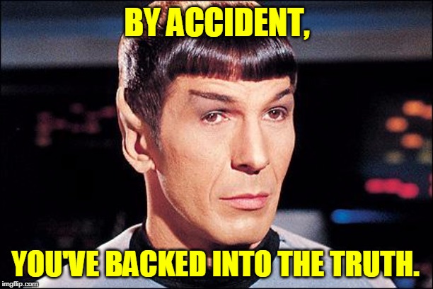 Condescending Spock | BY ACCIDENT, YOU'VE BACKED INTO THE TRUTH. | image tagged in condescending spock | made w/ Imgflip meme maker