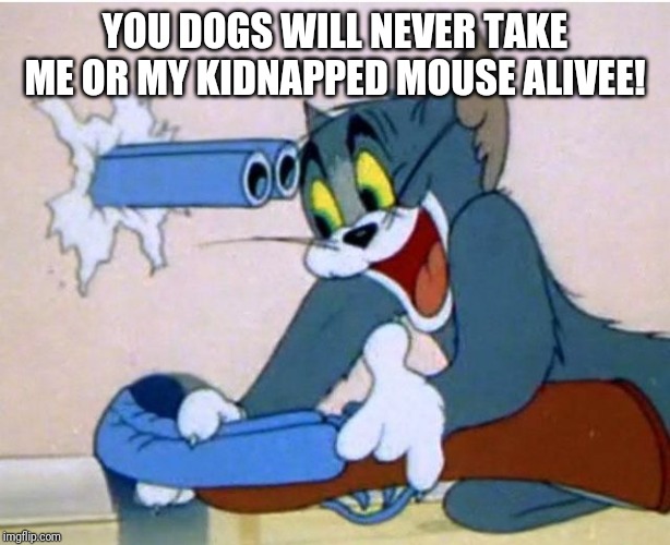 Tom and Jerry | YOU DOGS WILL NEVER TAKE ME OR MY KIDNAPPED MOUSE ALIVEE! | image tagged in tom and jerry | made w/ Imgflip meme maker