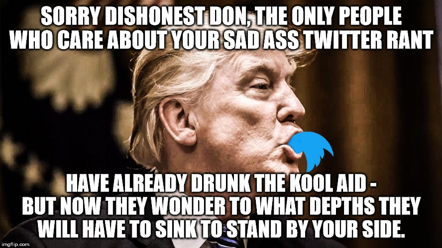 There doesn't seem to be a bottom to this Pit of Despair! | SORRY DISHONEST DON, THE ONLY PEOPLE WHO CARE ABOUT YOUR SAD ASS TWITTER RANT; HAVE ALREADY DRUNK THE KOOL AID - BUT NOW THEY WONDER TO WHAT DEPTHS THEY WILL HAVE TO SINK TO STAND BY YOUR SIDE. | image tagged in trump twitter,memes,politics | made w/ Imgflip meme maker