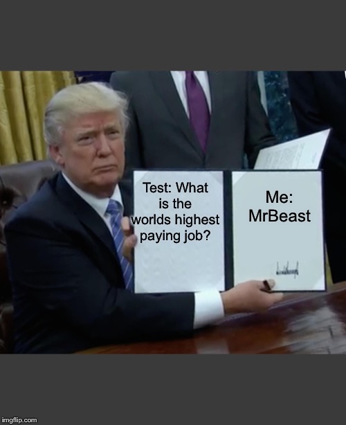 Trump Bill Signing Meme | Me: MrBeast; Test: What is the worlds highest paying job? | image tagged in memes,trump bill signing | made w/ Imgflip meme maker