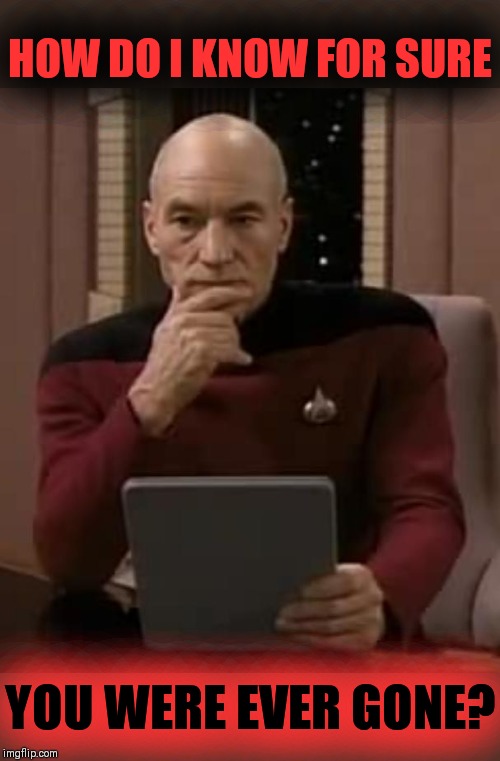 picard thinking | HOW DO I KNOW FOR SURE YOU WERE EVER GONE? | image tagged in picard thinking | made w/ Imgflip meme maker