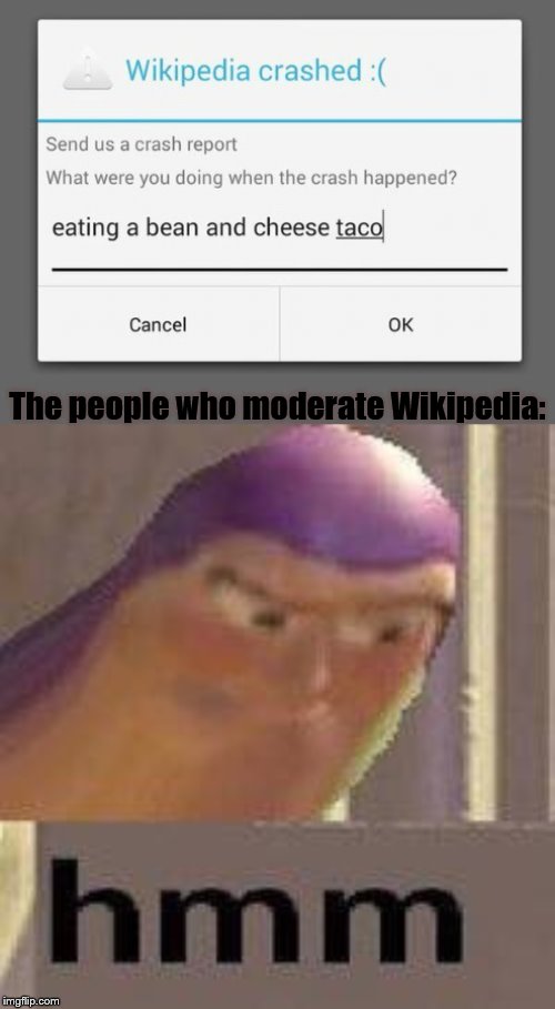 It's true. | The people who moderate Wikipedia: | image tagged in buzz lightyear hmm,true,tacos,hmmm,wikipedia,fails | made w/ Imgflip meme maker