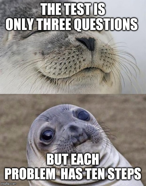 Short Satisfaction VS Truth | THE TEST IS ONLY THREE QUESTIONS; BUT EACH PROBLEM  HAS TEN STEPS | image tagged in memes,short satisfaction vs truth | made w/ Imgflip meme maker