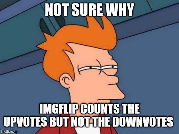 Futurama Fry | NOT SURE WHY; IMGFLIP COUNTS THE UPVOTES BUT NOT THE DOWNVOTES | image tagged in memes,futurama fry | made w/ Imgflip meme maker