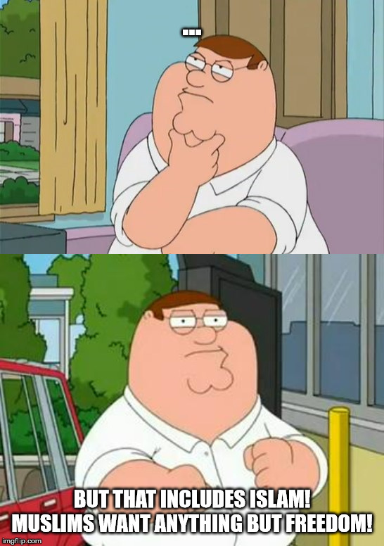 ... BUT THAT INCLUDES ISLAM! MUSLIMS WANT ANYTHING BUT FREEDOM! | image tagged in roadhouse peter griffin,peter griffin thinking | made w/ Imgflip meme maker