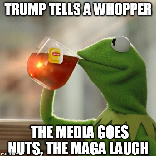 But That's None Of My Business Meme | TRUMP TELLS A WHOPPER; THE MEDIA GOES NUTS, THE MAGA LAUGH | image tagged in memes,but thats none of my business,kermit the frog | made w/ Imgflip meme maker