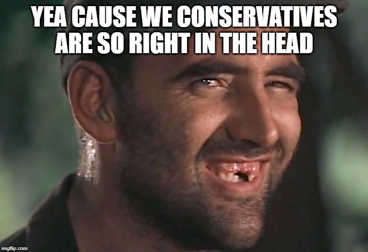 hick | YEA CAUSE WE CONSERVATIVES ARE SO RIGHT IN THE HEAD | image tagged in hick | made w/ Imgflip meme maker