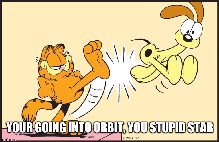 Garfield kicking odie | YOUR GOING INTO ORBIT, YOU STUPID STAR | image tagged in garfield kicking odie | made w/ Imgflip meme maker