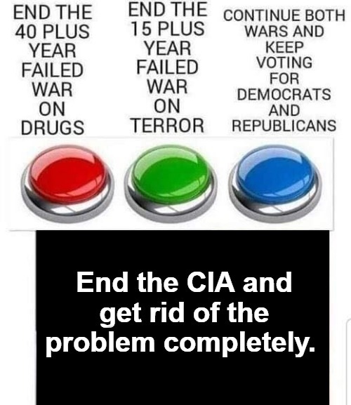 End the CIA and get rid of the problem completely. | image tagged in war on drugs,war on terror,government corruption,cia | made w/ Imgflip meme maker