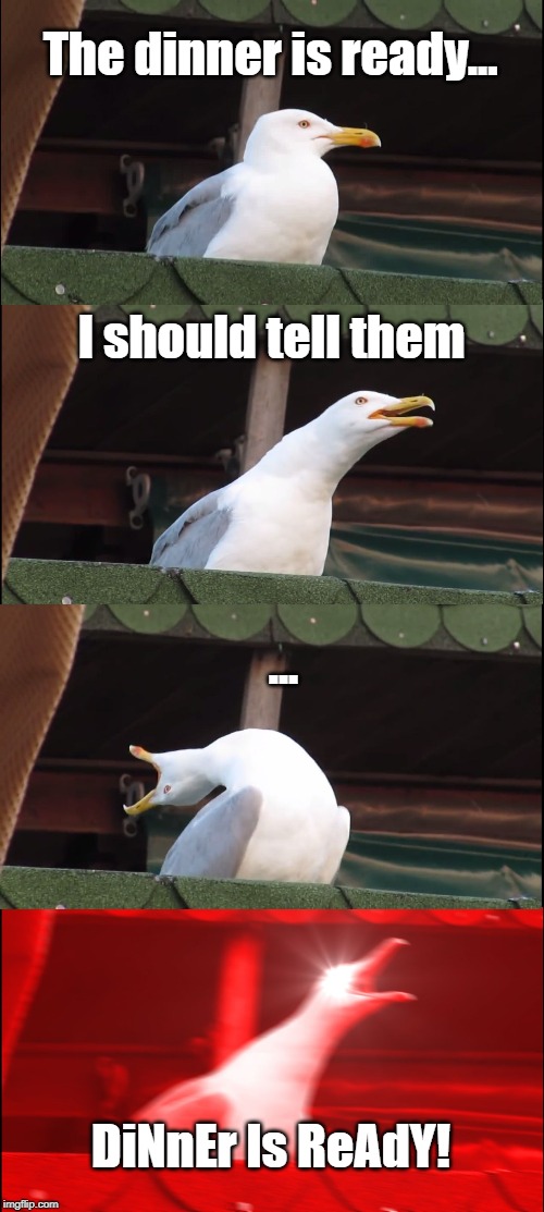 Inhaling Seagull Meme | The dinner is ready... I should tell them; ... DiNnEr Is ReAdY! | image tagged in memes,inhaling seagull | made w/ Imgflip meme maker