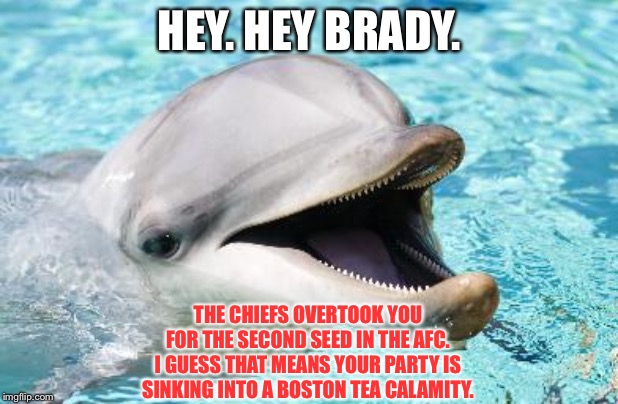 Chiefs passed Patriots for bye week in the playoffs | HEY. HEY BRADY. THE CHIEFS OVERTOOK YOU FOR THE SECOND SEED IN THE AFC. I GUESS THAT MEANS YOUR PARTY IS SINKING INTO A BOSTON TEA CALAMITY. | image tagged in dumb joke dolphin,memes,tom brady,chief,patriots,nfl football | made w/ Imgflip meme maker