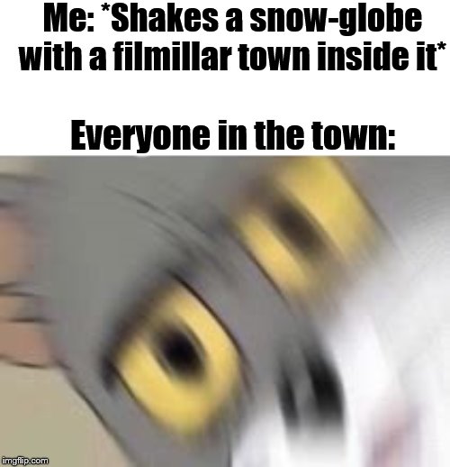 Cursed Snow Globe | Me: *Shakes a snow-globe with a filmillar town inside it*; Everyone in the town: | image tagged in unsettled tom,shake,snow globe,town,oh naw,cursed | made w/ Imgflip meme maker