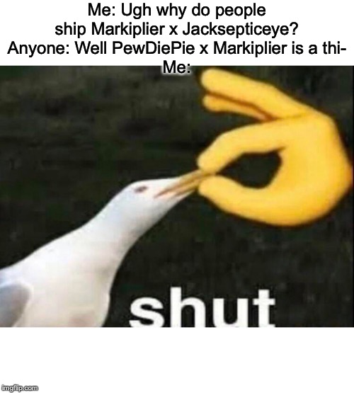 SHUT | Me: Ugh why do people ship Markiplier x Jacksepticeye?
Anyone: Well PewDiePie x Markiplier is a thi-
Me: | image tagged in shut | made w/ Imgflip meme maker