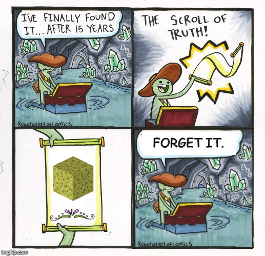 Stuff this block | FORGET IT. | image tagged in memes,the scroll of truth,minecraft,worthless,useless | made w/ Imgflip meme maker