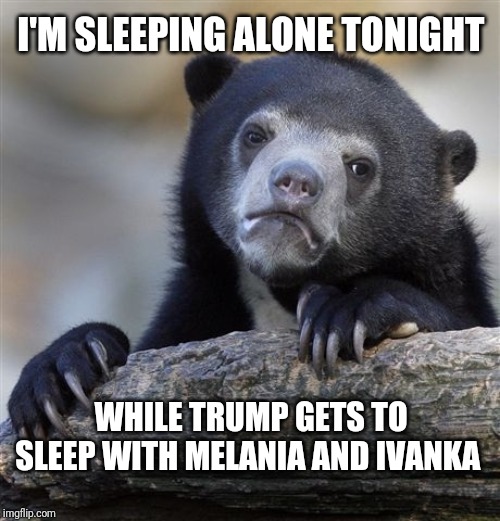 Confession Bear Meme | I'M SLEEPING ALONE TONIGHT; WHILE TRUMP GETS TO SLEEP WITH MELANIA AND IVANKA | image tagged in memes,confession bear | made w/ Imgflip meme maker