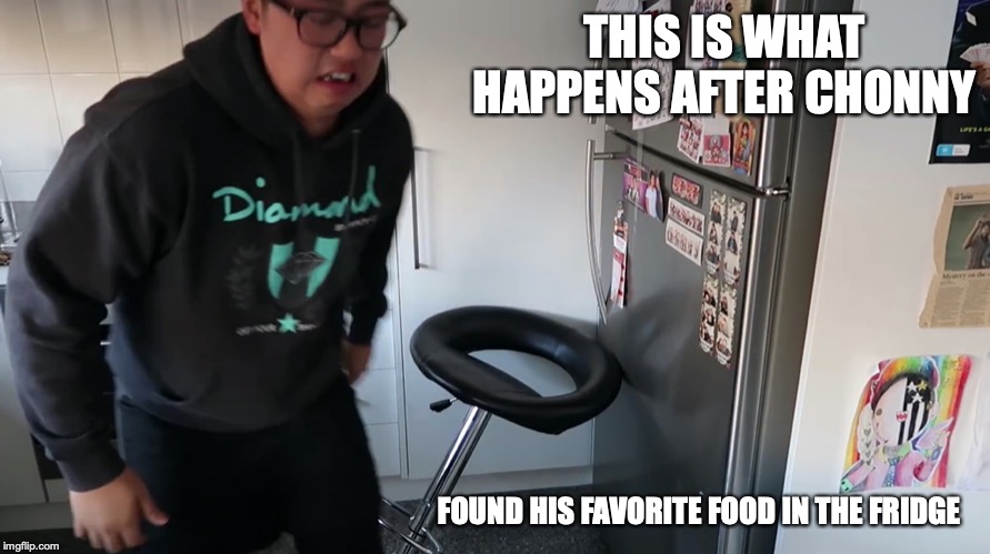 Chair on Fridge Hinge | THIS IS WHAT HAPPENS AFTER CHONNY; FOUND HIS FAVORITE FOOD IN THE FRIDGE | image tagged in mychonny,memes,youtube | made w/ Imgflip meme maker