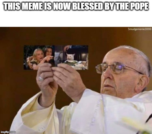 THIS MEME IS NOW BLESSED BY THE POPE | image tagged in pope francis,woman yelling at cat,blessed | made w/ Imgflip meme maker