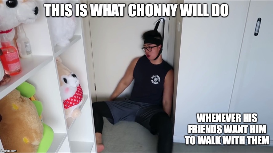 Chonny Fake-Hangs Himself | THIS IS WHAT CHONNY WILL DO; WHENEVER HIS FRIENDS WANT HIM TO WALK WITH THEM | image tagged in mychonny,memes,youtube | made w/ Imgflip meme maker