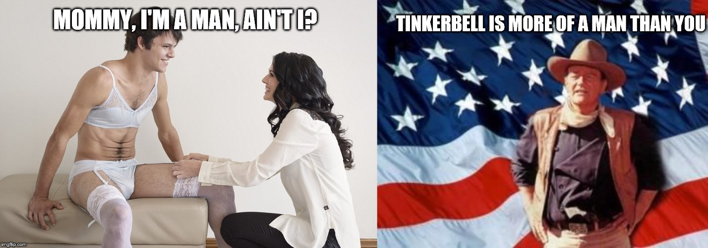 TINKERBELL IS MORE OF A MAN THAN YOU; MOMMY, I'M A MAN, AIN'T I? | image tagged in john wayne american flag,male feminist | made w/ Imgflip meme maker