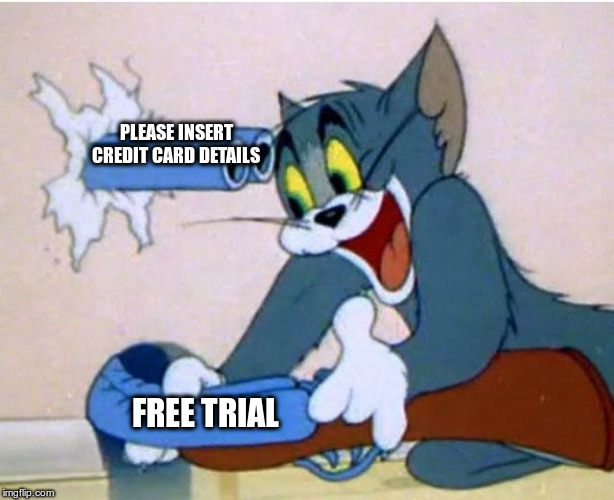 Tom and Jerry | PLEASE INSERT CREDIT CARD DETAILS; FREE TRIAL | image tagged in tom and jerry | made w/ Imgflip meme maker